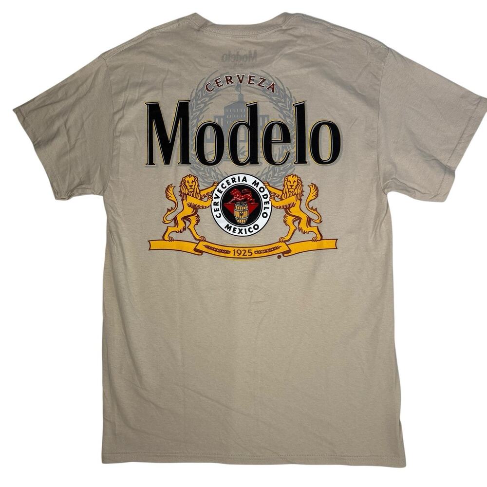 Modelo Beer Logo T-Shirt Men’s Medium Beige Tan Tee Graphic Cerveza NWOT